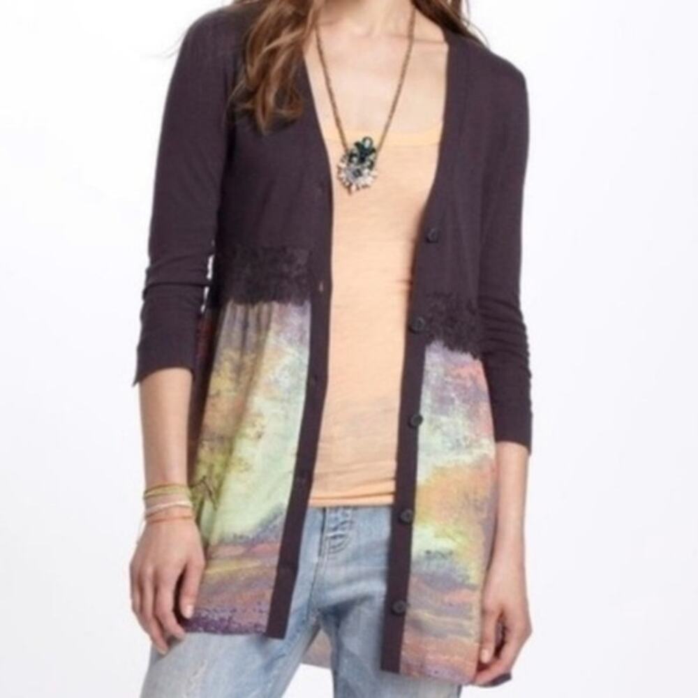 Anthropologie Knitted & Knotted Foliage Empire Cardigan sweater watercolor Small